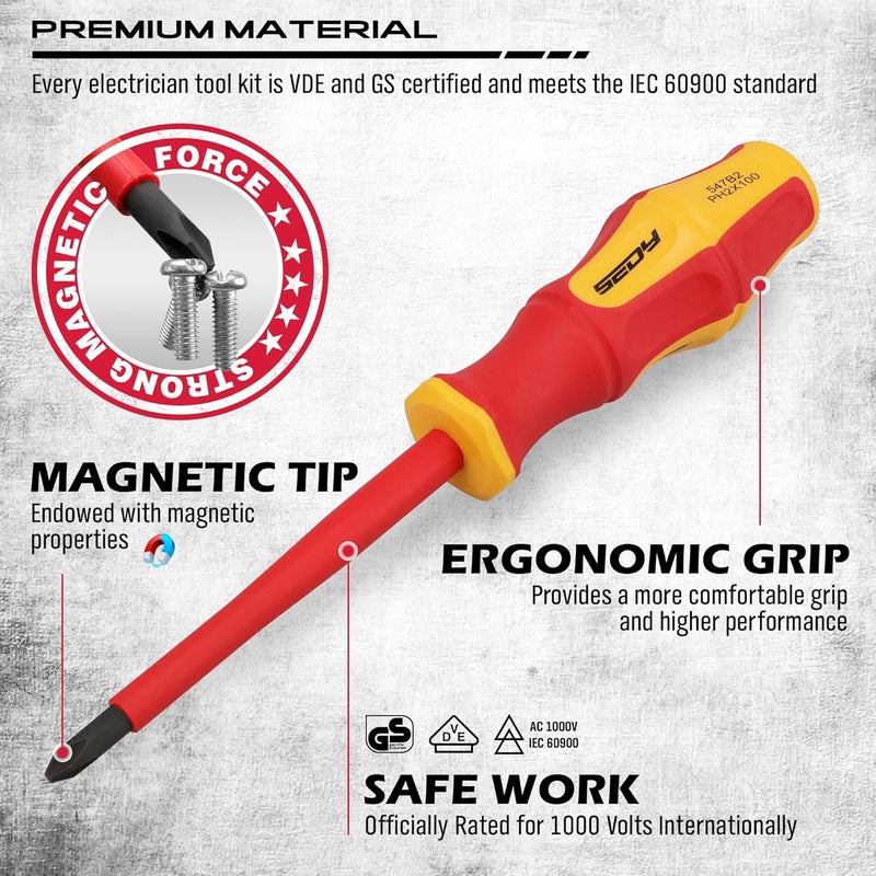 SEDY Insulated Screwdriver & Pliers Set: 14-Piece VDE Insulated Set 1000V Insulated Electrician Tool Set with Magnetic Phillips, Slotted Screwdrivers and Insulated Pliers - Image 4